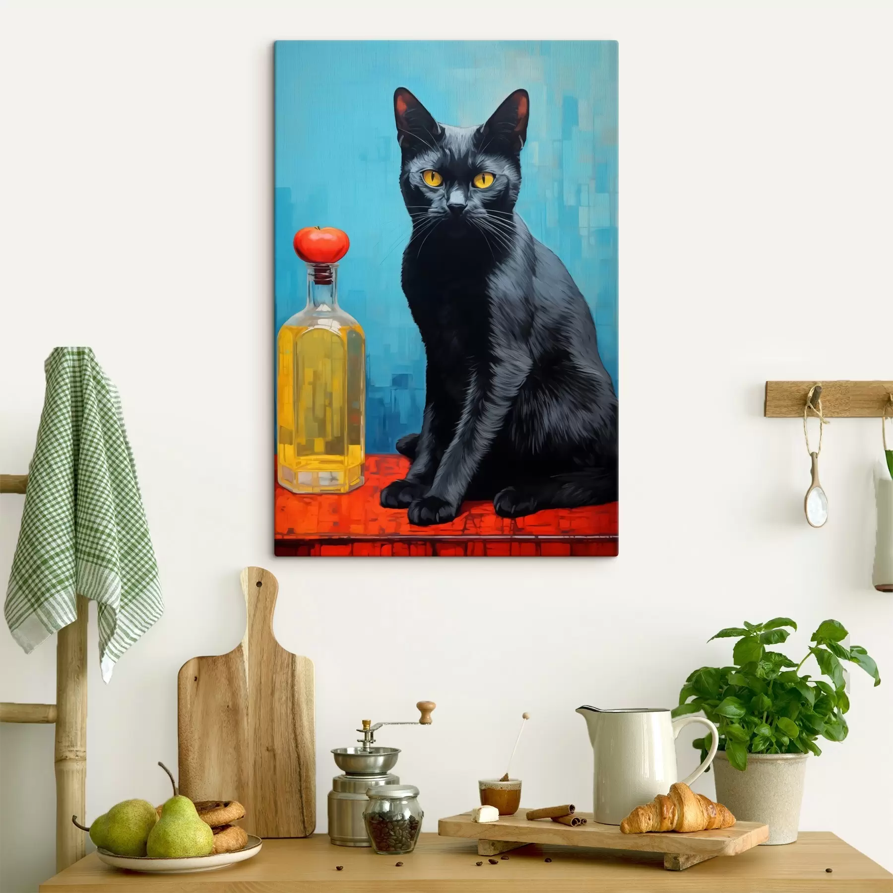 Tableau Un chat est assis près d'une carafe sur une table rouge contre un mur bleu s41237