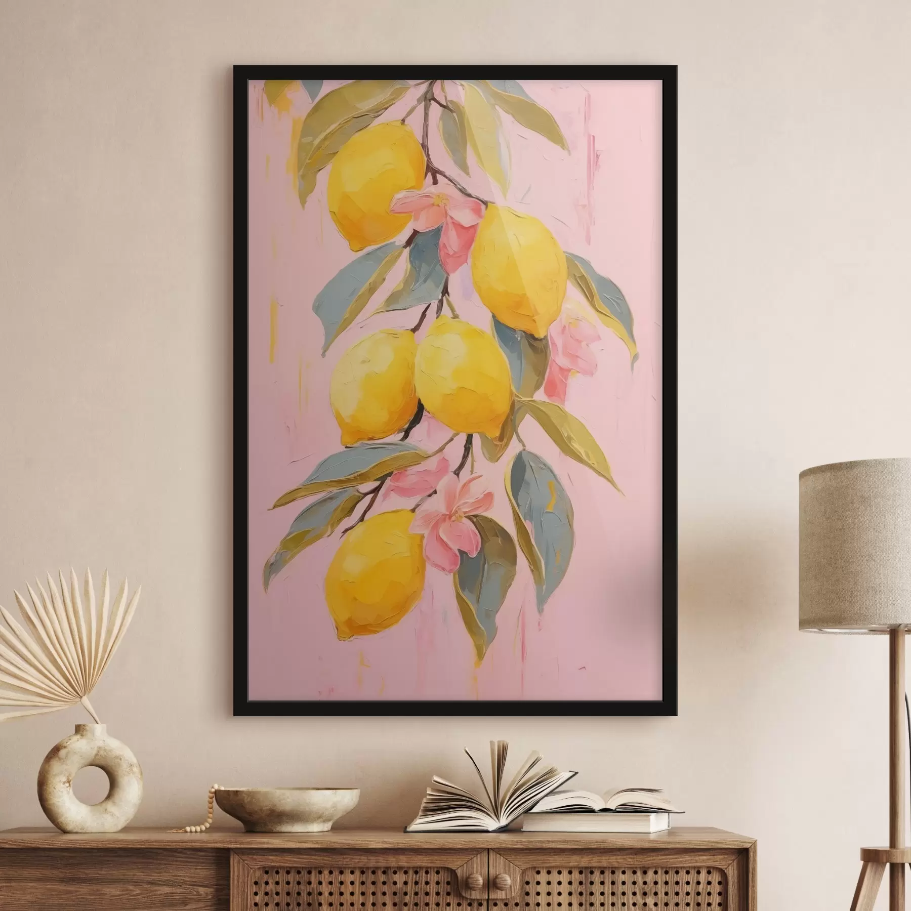 Papier peint Branche avec citrons jaunes sur fond rose f41233