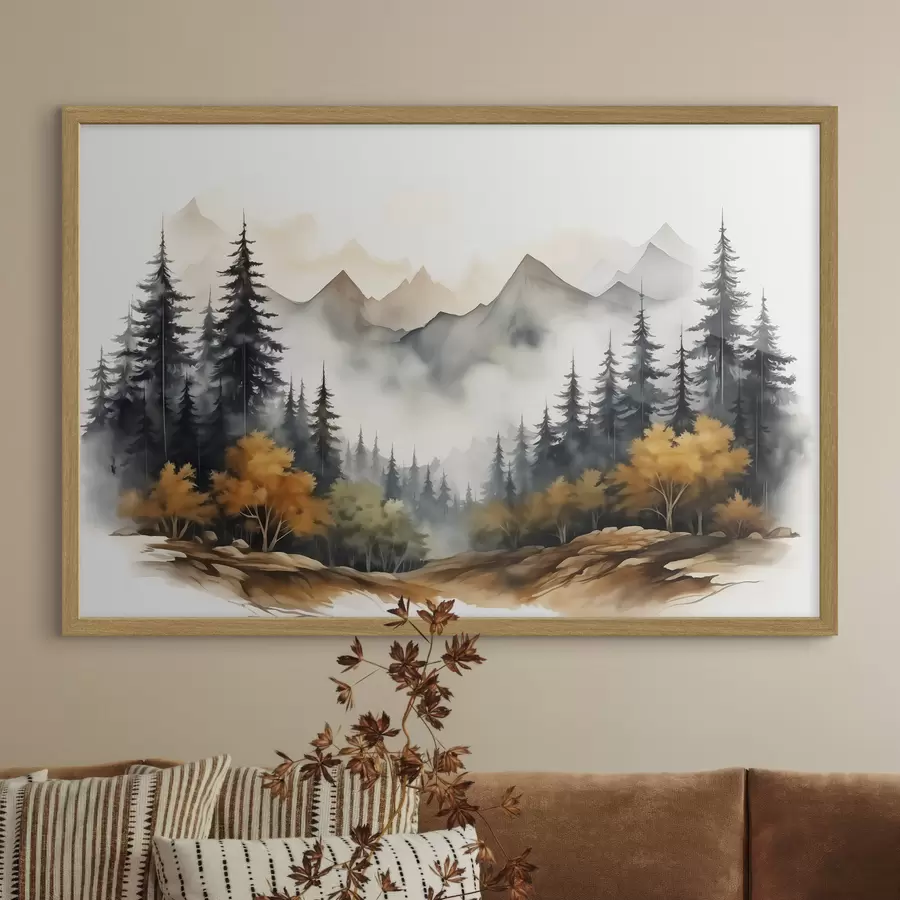 Papier peint Forêt sur fond de montagnes aquarelle f41240