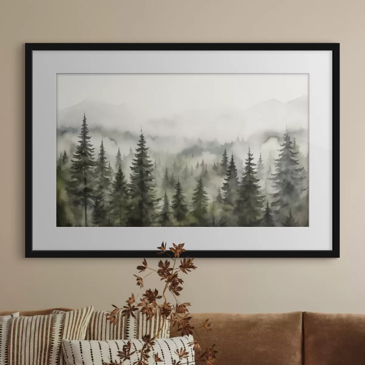 Poster Forêt verte sur fond de montagnes et de brouillard aquarelle f41241