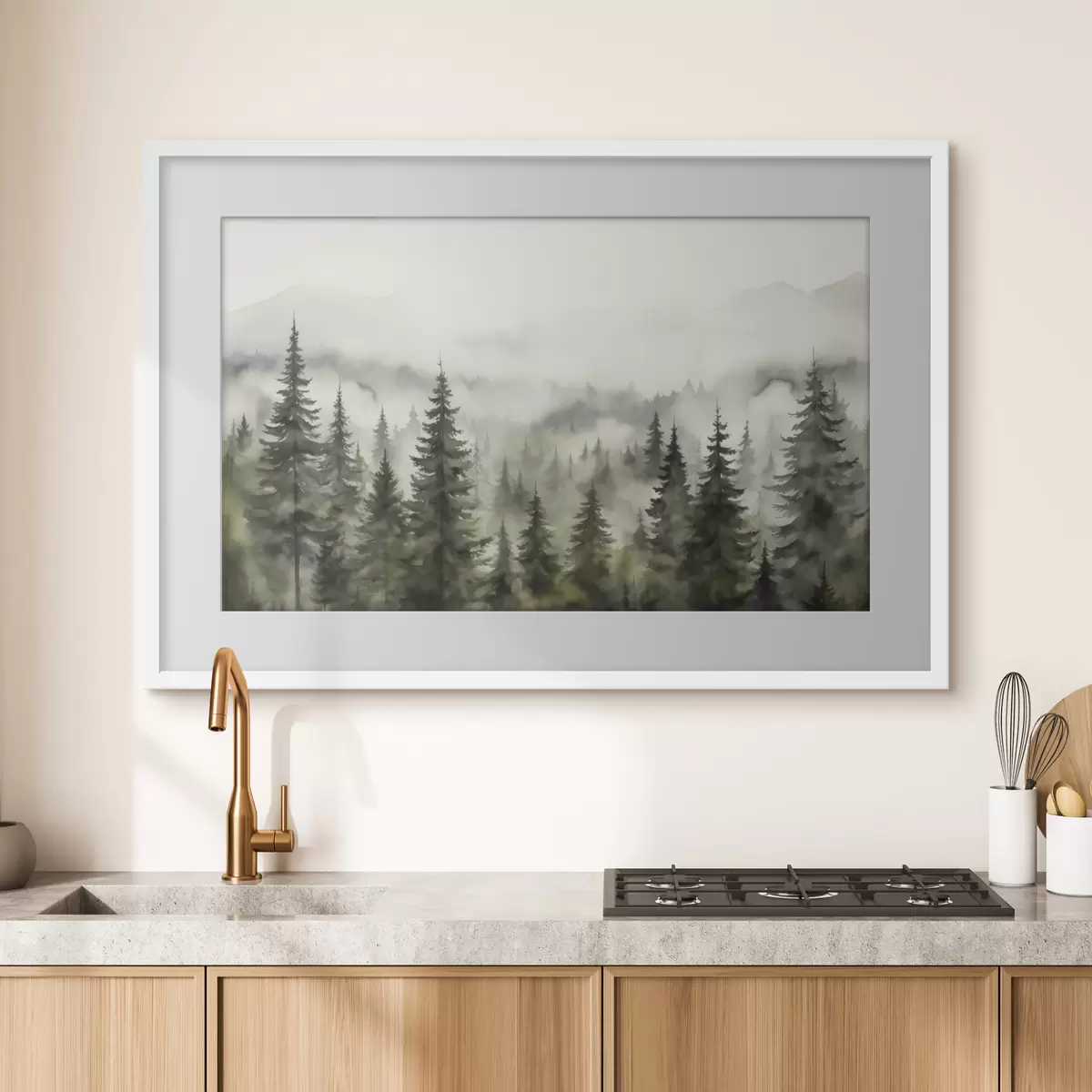 Poster Forêt verte sur fond de montagnes et de brouillard aquarelle f41241