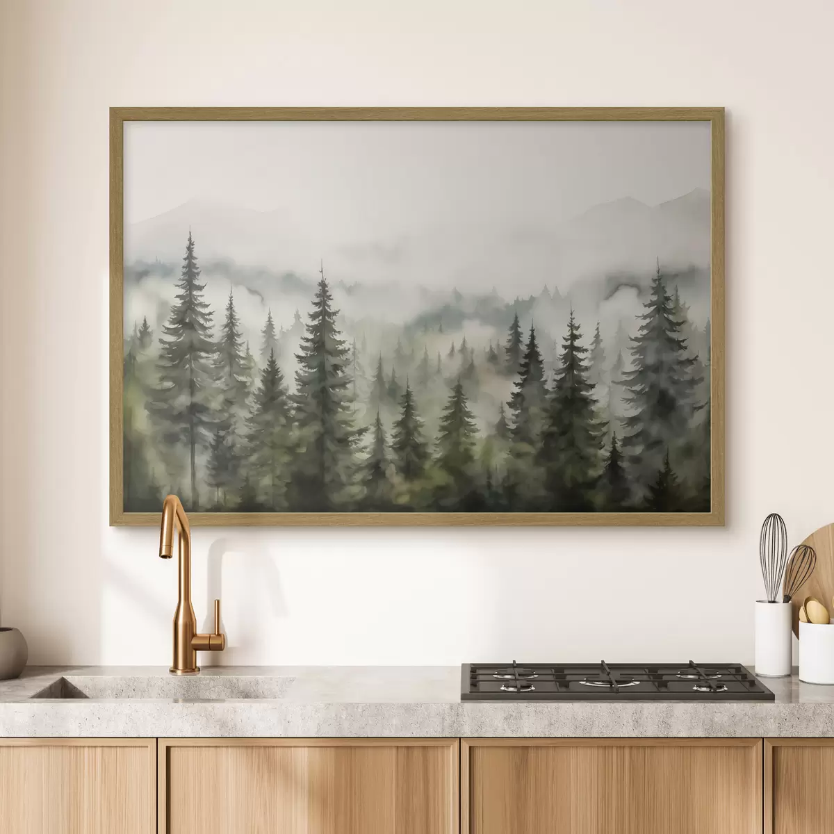 Poster Forêt verte sur fond de montagnes et de brouillard aquarelle f41241