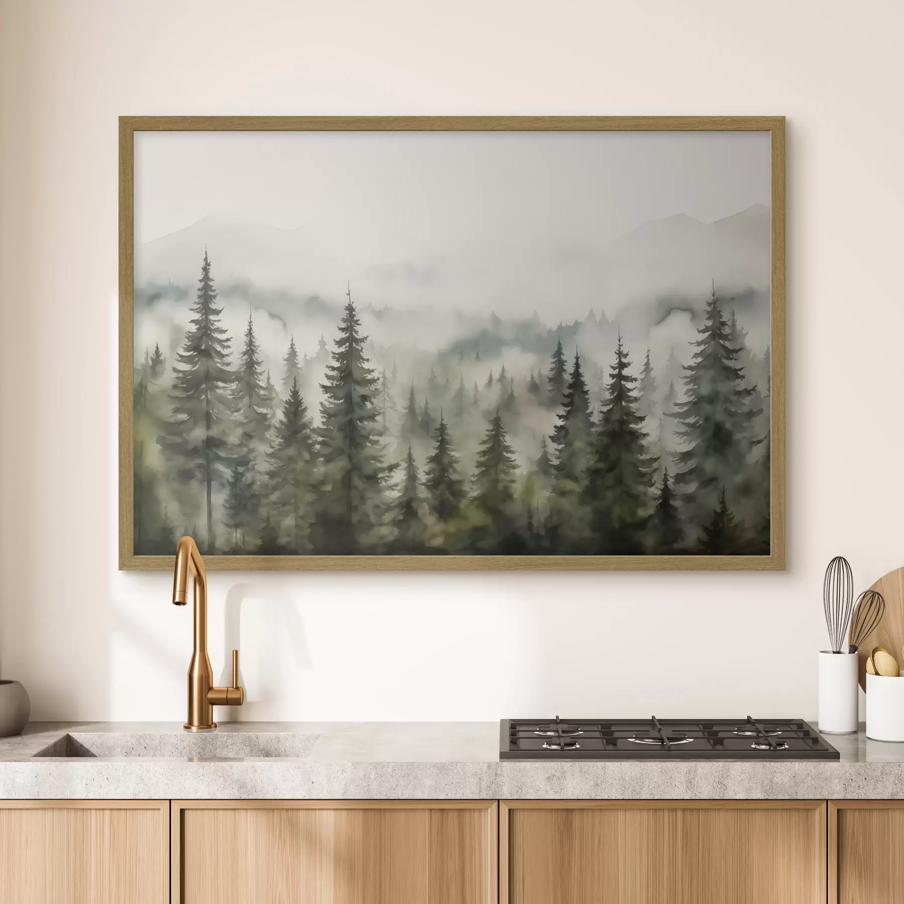 Papier peint Forêt verte sur fond de montagnes et de brouillard aquarelle f41241