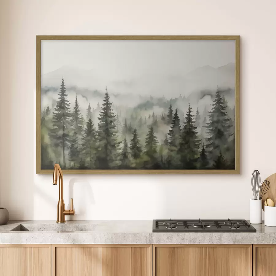 Papier peint Forêt verte sur fond de montagnes et de brouillard aquarelle f41241