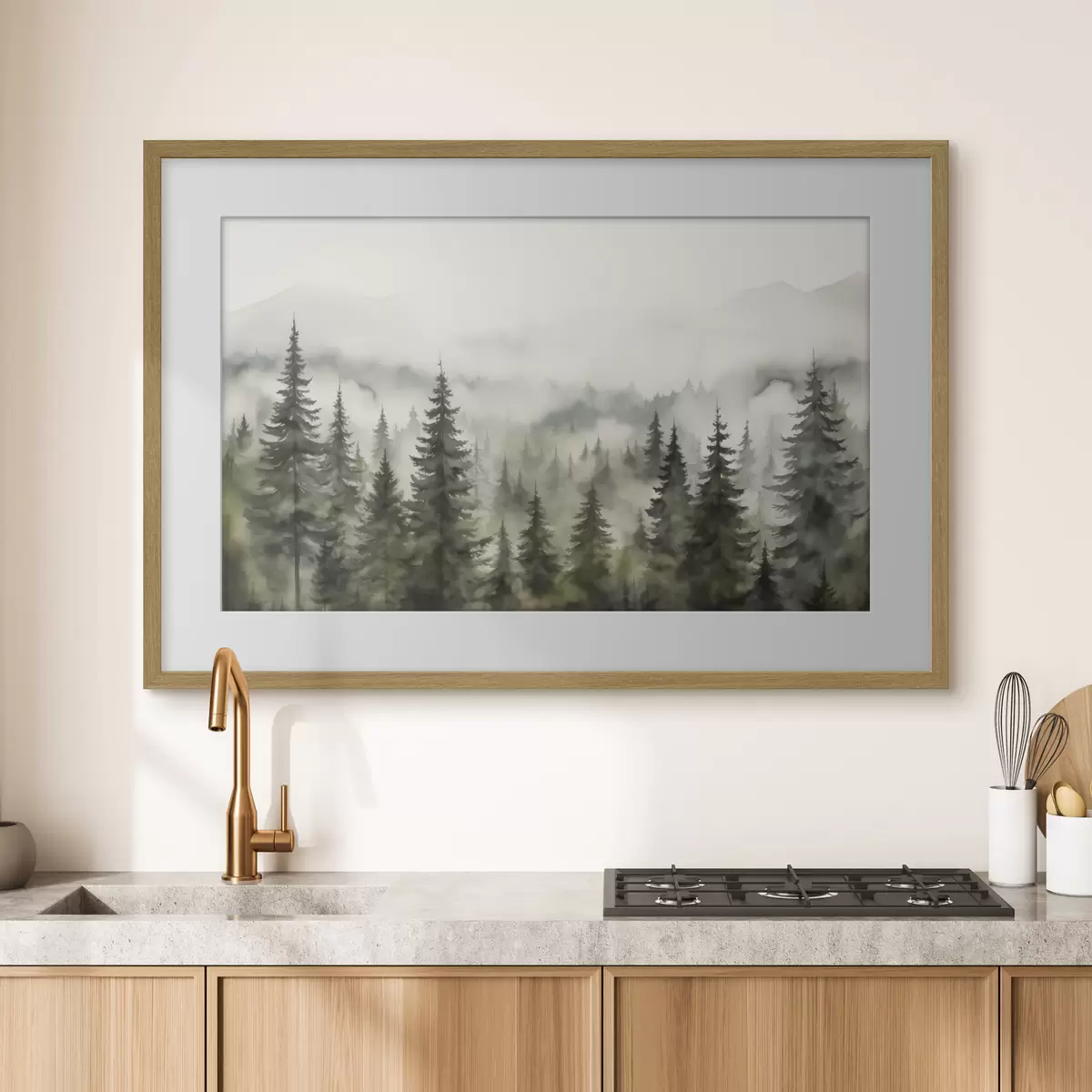 Poster Forêt verte sur fond de montagnes et de brouillard aquarelle f41241