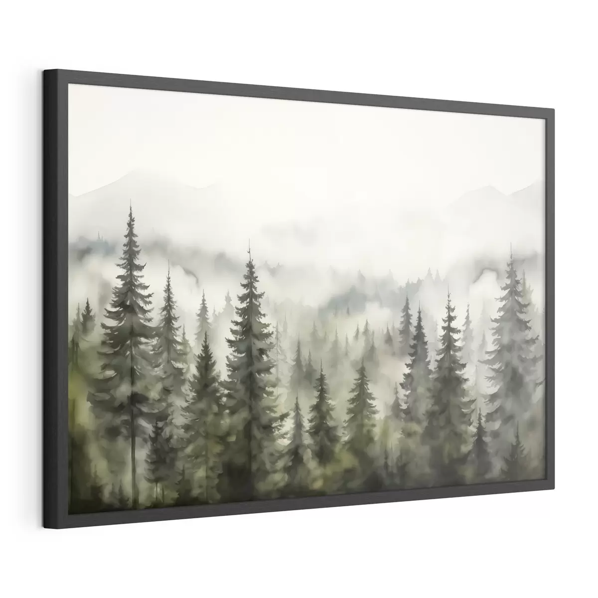 Poster Forêt verte sur fond de montagnes et de brouillard aquarelle f41241
