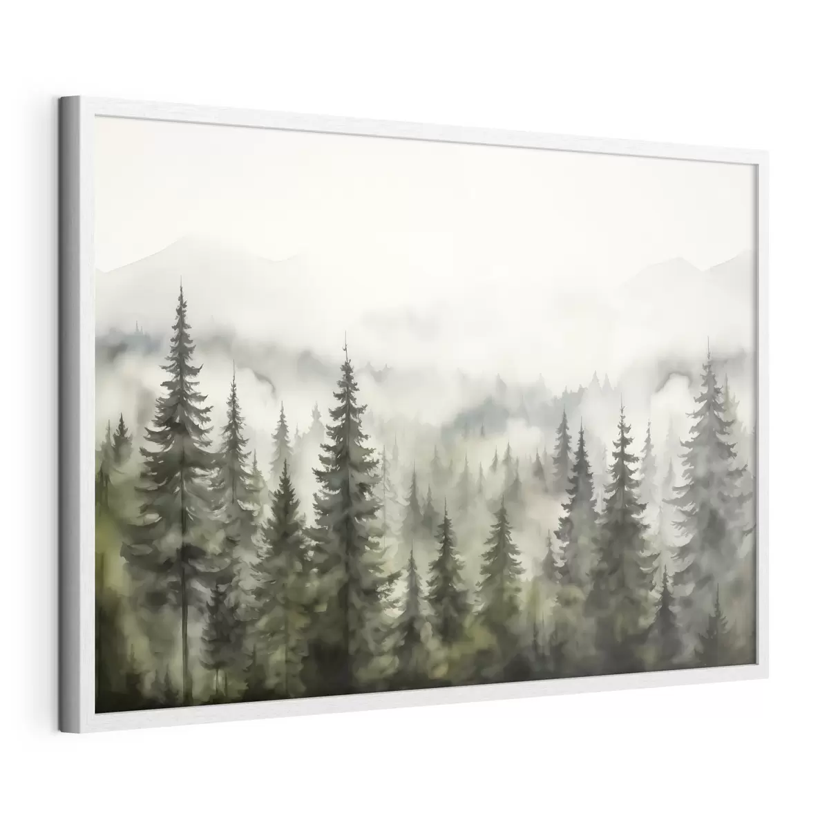 Poster Forêt verte sur fond de montagnes et de brouillard aquarelle f41241
