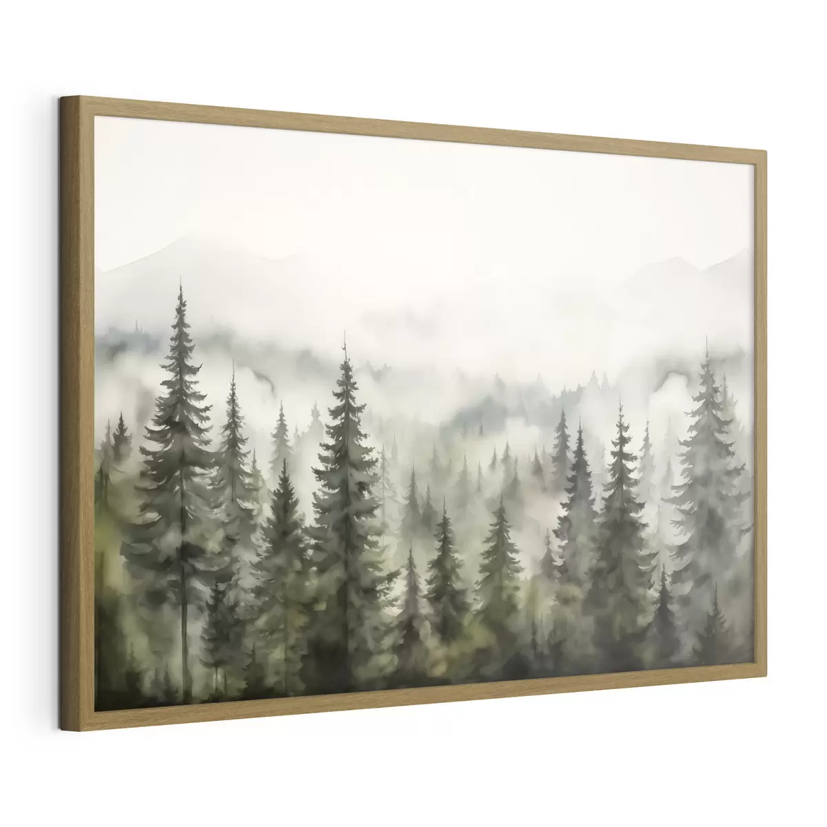 Poster Forêt verte sur fond de montagnes et de brouillard aquarelle f41241