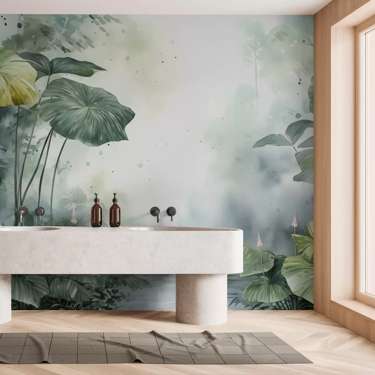 Papier peint Feuilles de nénuphar au bord de l'étang aquarelle humide w01867