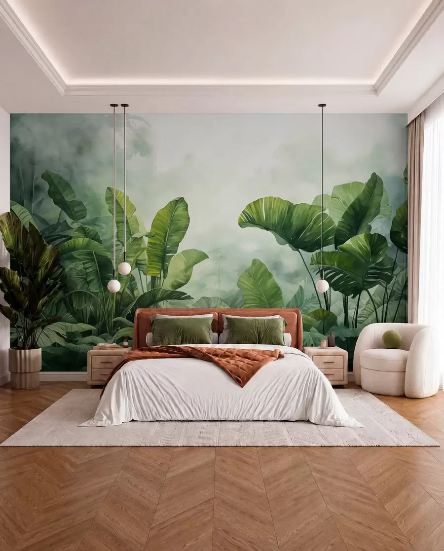Papier peint Feuilles tropicales dans la jungle sur fond de brouillard aquarelle humide w01868