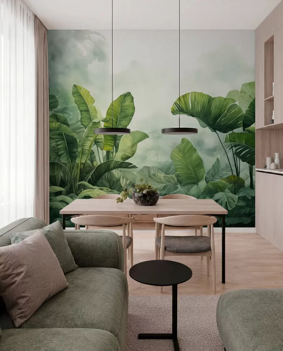 Papier peint Feuilles tropicales dans la jungle sur fond de brouillard aquarelle humide w01868