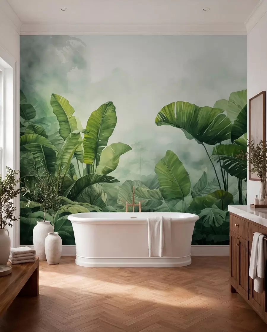 Papier peint Feuilles tropicales dans la jungle sur fond de brouillard aquarelle humide w01868
