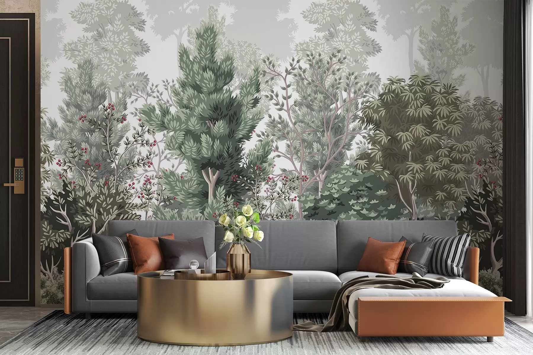 Papier peint Une forêt luxuriante et verdoyante avec différents types d'arbres et d'arbustes à feuilles persistantes, des verts riches et d'autres feuillages verts w08341