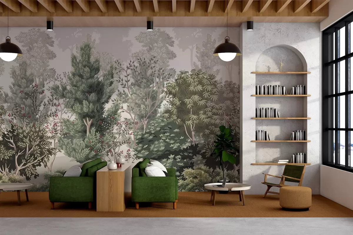 Papier peint Une forêt luxuriante et verdoyante avec différents types d'arbres et d'arbustes à feuilles persistantes, des verts riches et d'autres feuillages verts w08341