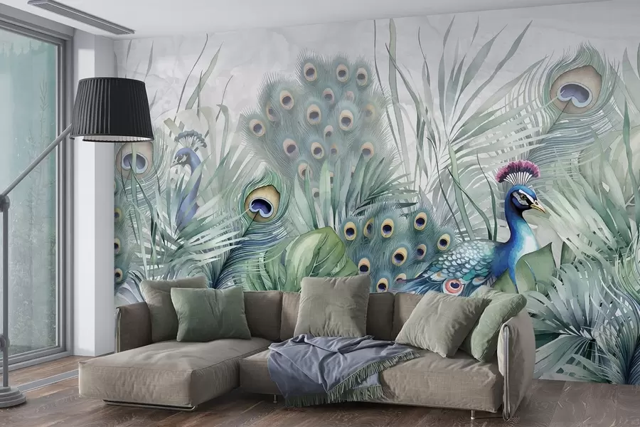Papier peint Paire de paons colorés entourés d'un luxuriant feuillage vert aquarelle et de fleurs vibrantes sur fond gris w08345