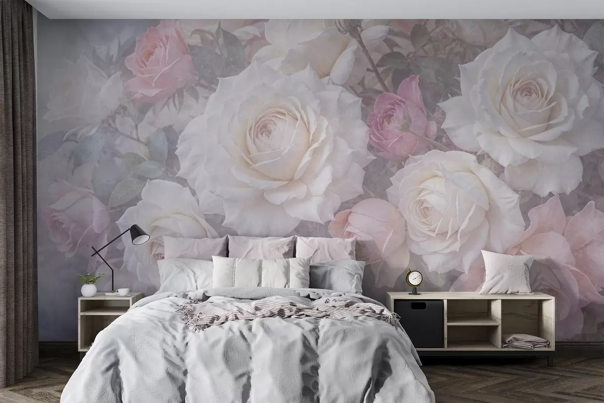 Papier peint Roses et pivoines douces aux couleurs pastel sur un fond texturé flou, gris brumeux w08352