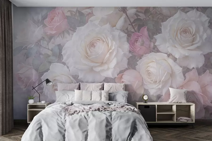 Papier peint Roses et pivoines douces aux couleurs pastel sur un fond texturé flou, gris brumeux w08352