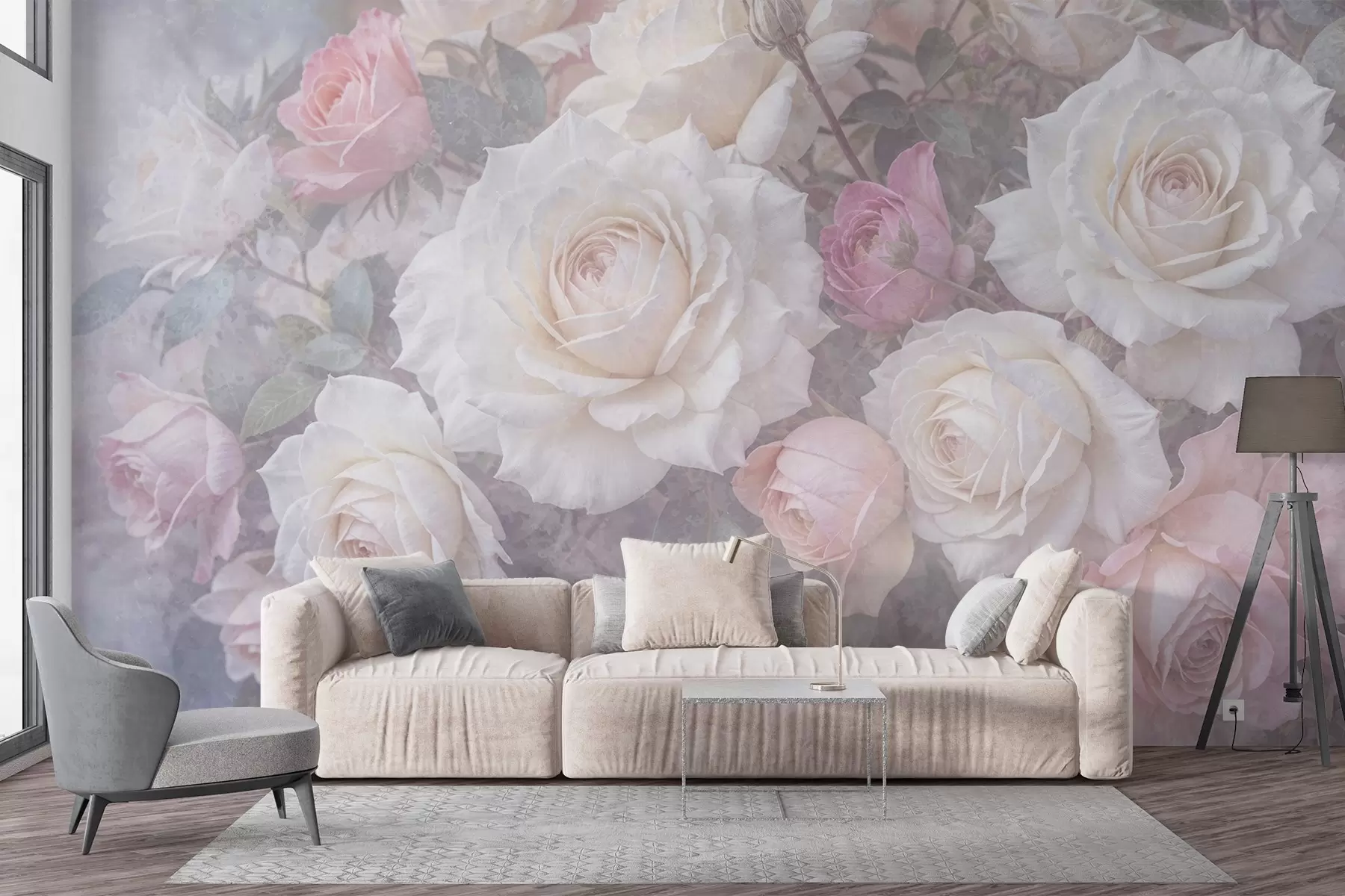 Papier peint Roses et pivoines douces aux couleurs pastel sur un fond texturé flou, gris brumeux w08352