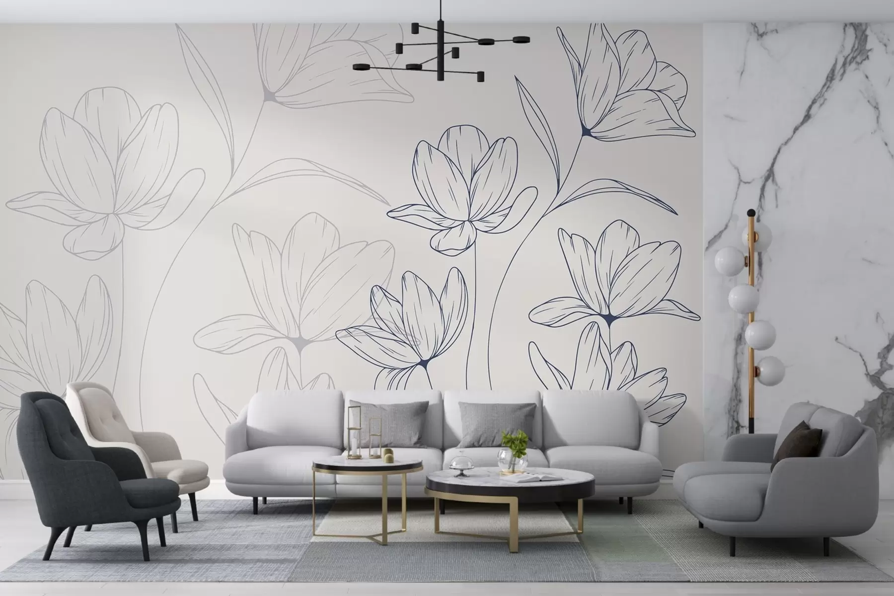 Papier peint Fond clair, grandes fleurs bleues w08365