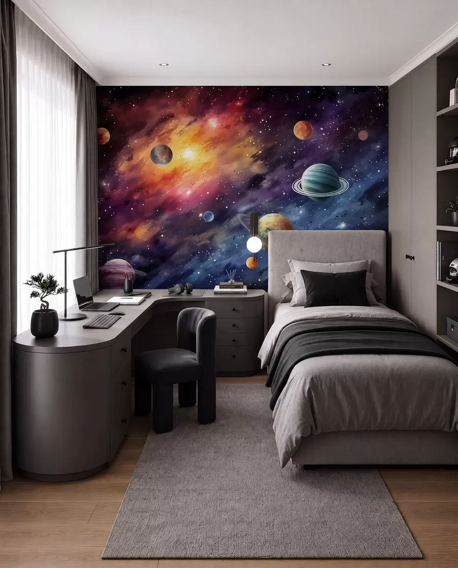 Papier peint Espace avec planètes et étoiles, aquarelle, cosmique w01798
