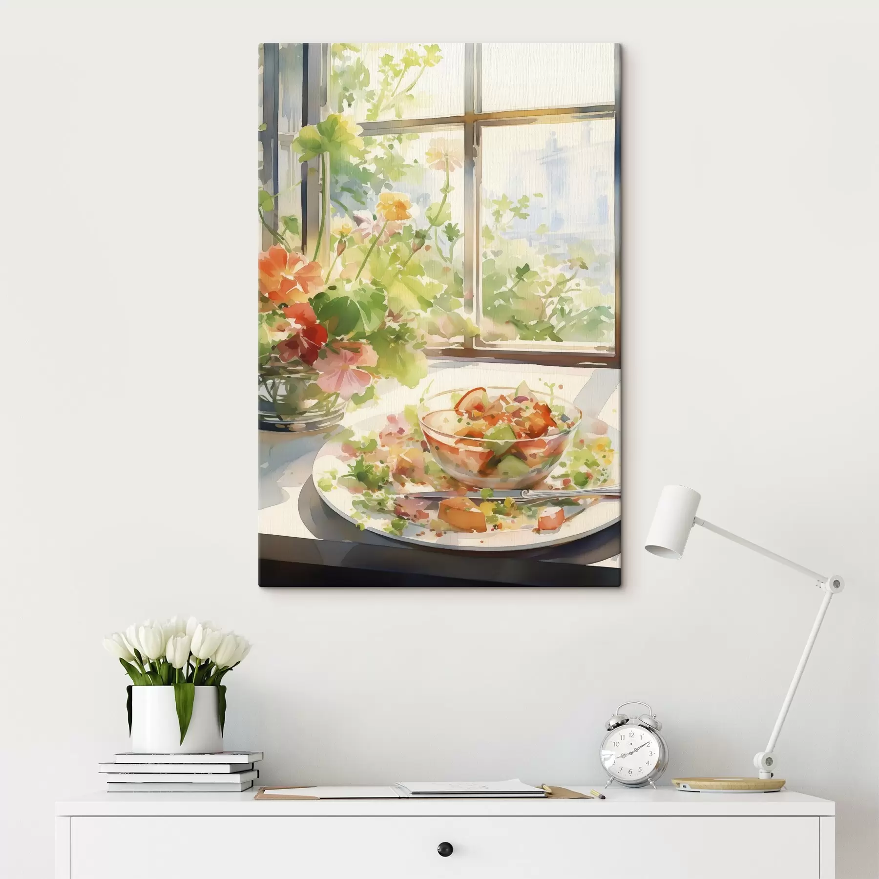 Tableau Salade verte aquarelle, soleil dans la fenêtre, style rustique s41167