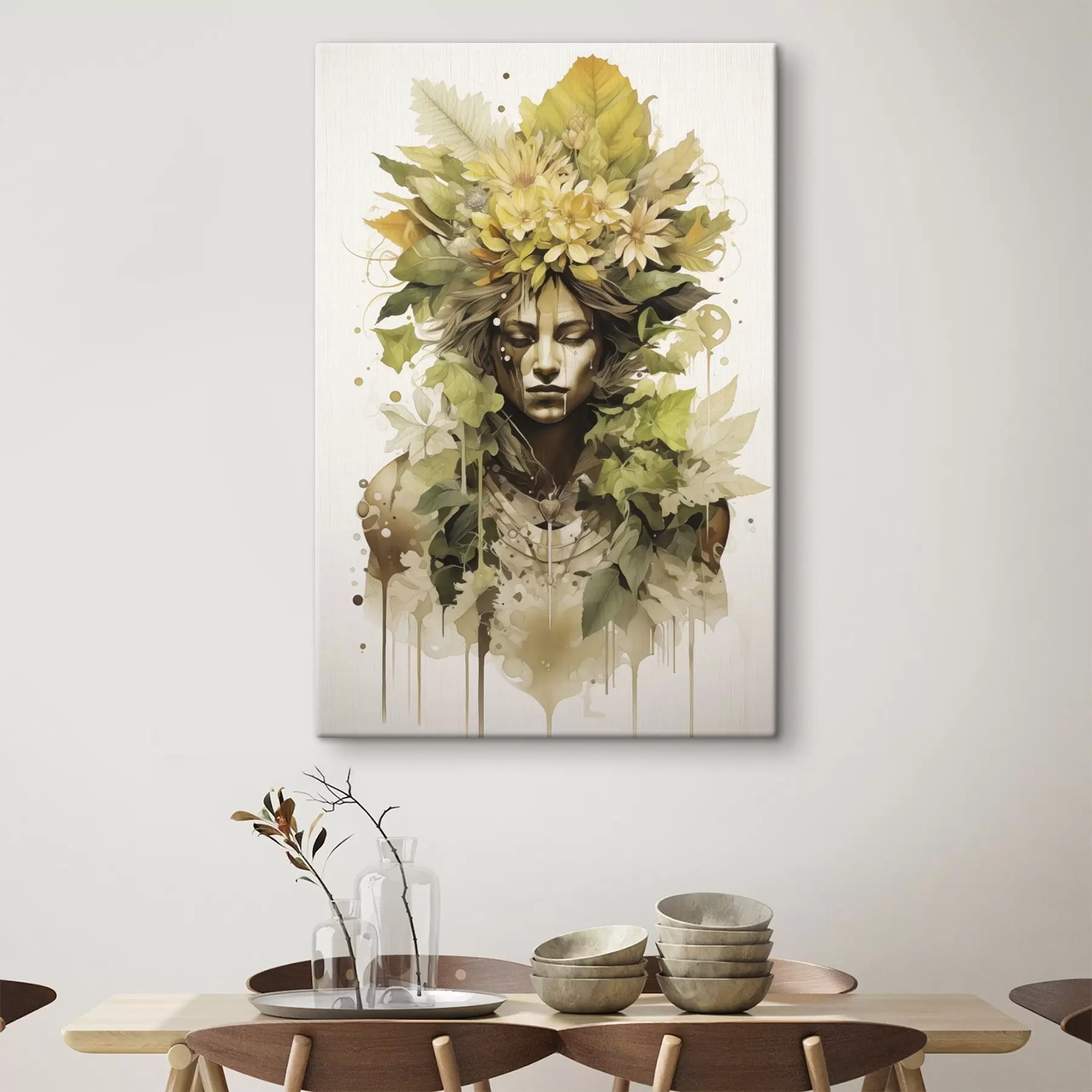 Tableau Femme de la nature, récolte, aquarelle, fleurs, feuilles d'automne s41174