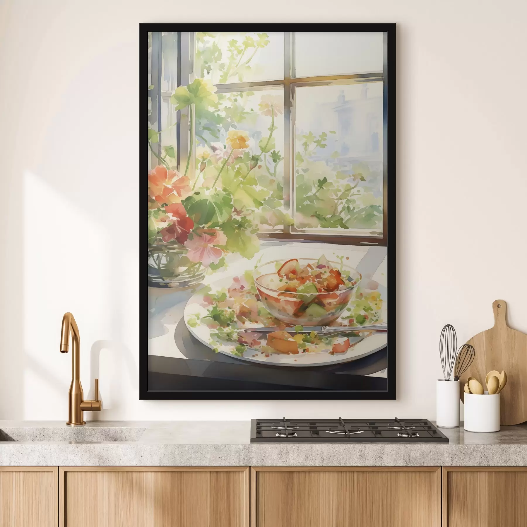 Papier peint Salade verte aquarelle, soleil dans la fenêtre, style rustique f41167