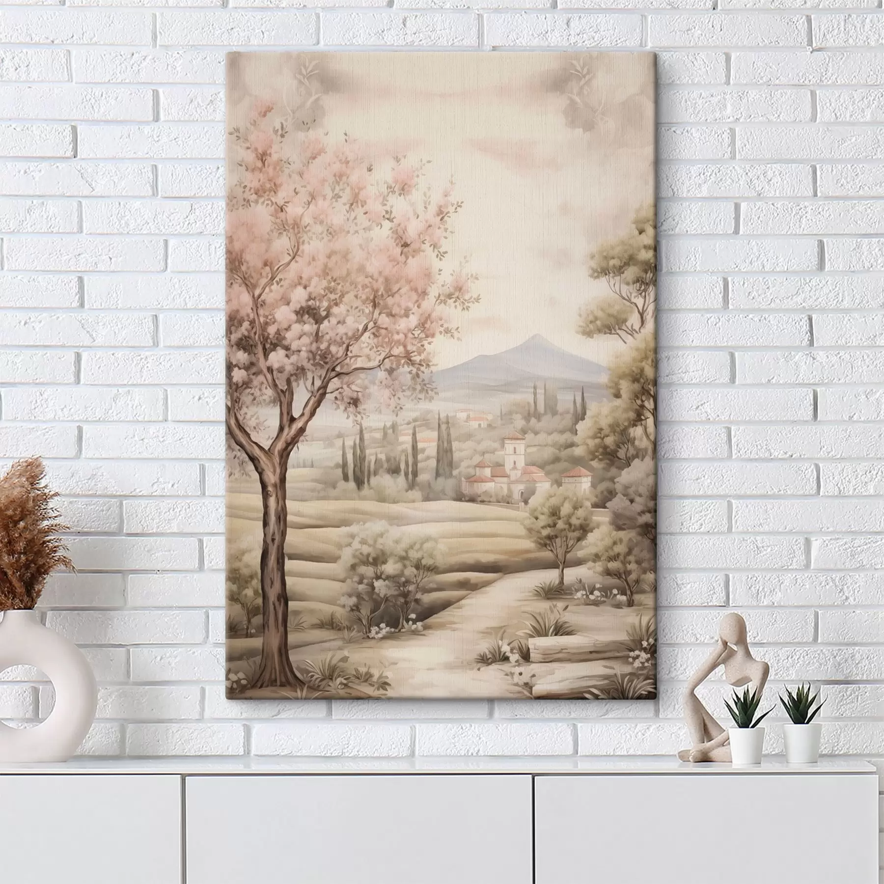 Papier peint Aquarelle, collines, cerisier en fleurs, château, style rustique s41225