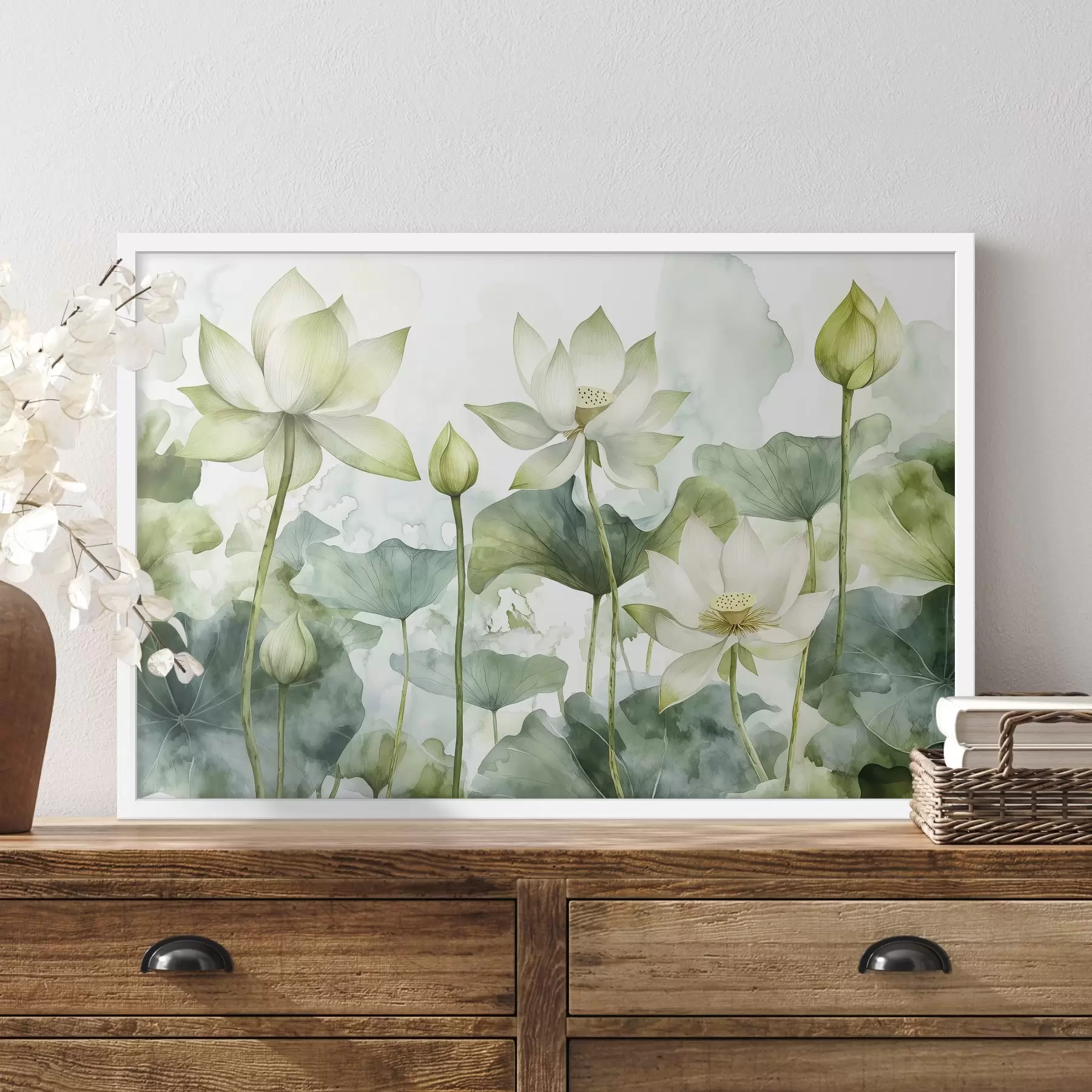 Papier peint Lotus aquarelle, verdure luxuriante f41226