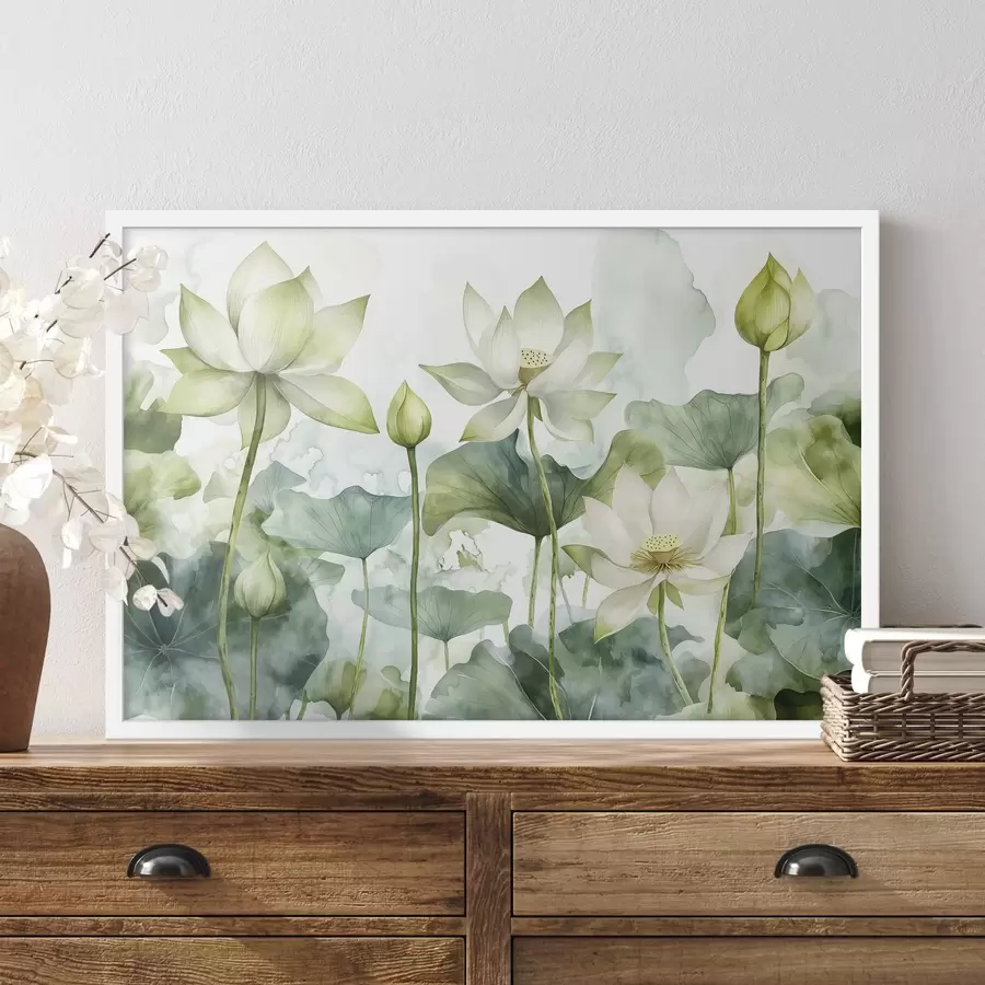 Papier peint Lotus aquarelle, verdure luxuriante f41226