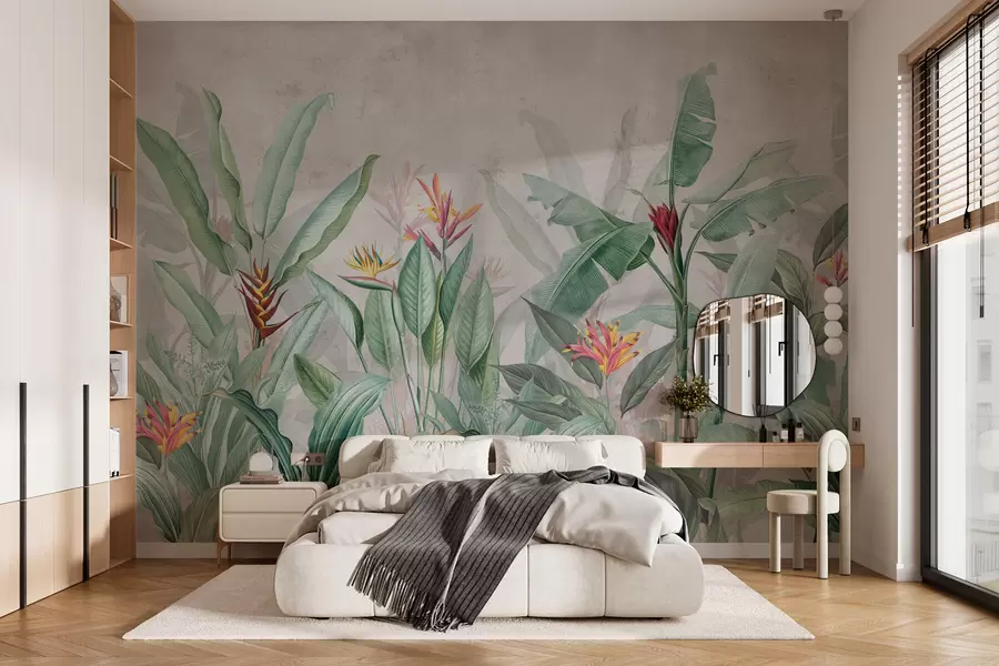Papier peint Feuilles et fleurs tropicales sur fond clair w01834v1