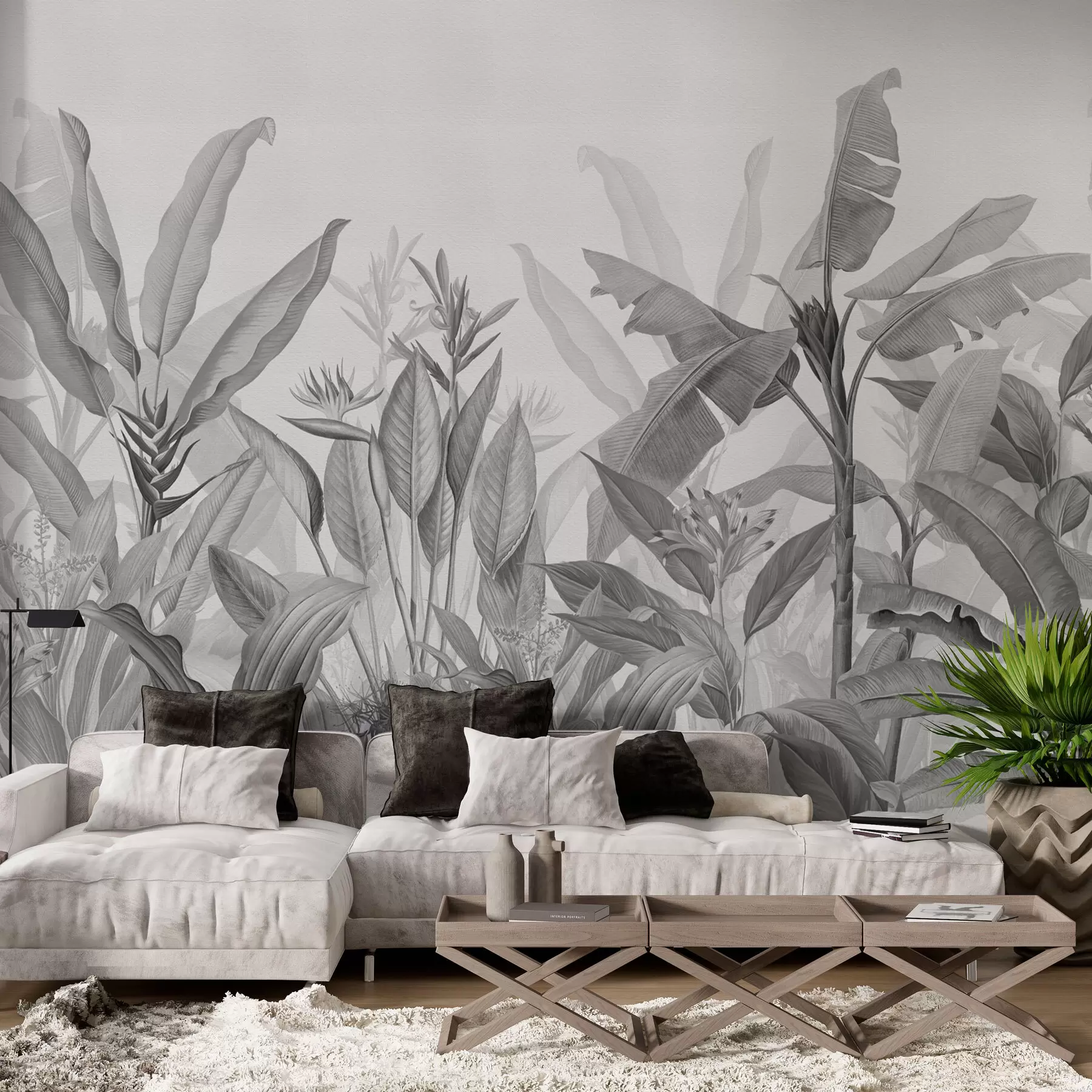 Papier peint Feuilles et fleurs tropicales noires et blanches sur fond clair w01834v3