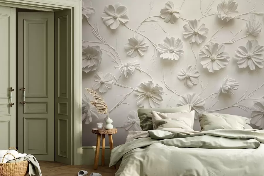 Papier peint Composition de fleurs en relief blanc dans un style minimaliste et sophistiqué w01828