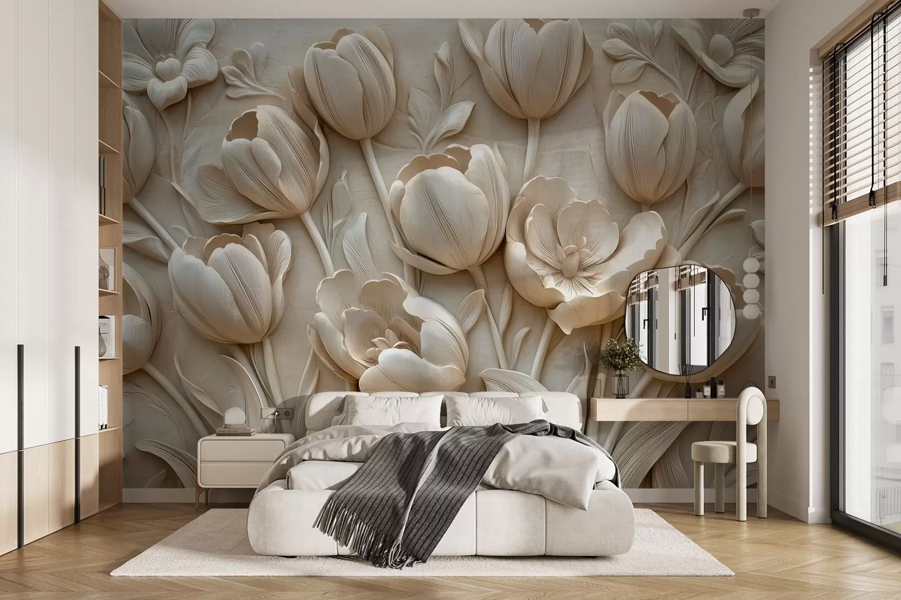 Papier peint art floral en 3D avec de gracieuses tulipes de couleur beige w01851