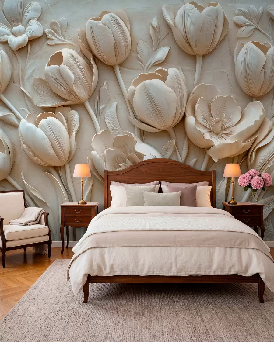 Papier peint art floral en 3D avec de gracieuses tulipes de couleur beige w01851