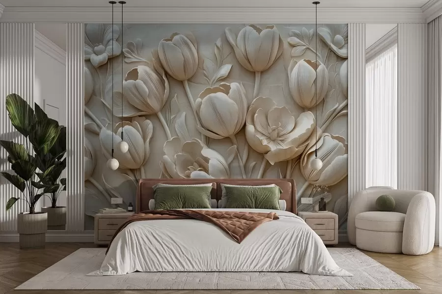 Papier peint art floral en 3D avec de gracieuses tulipes de couleur beige w01851