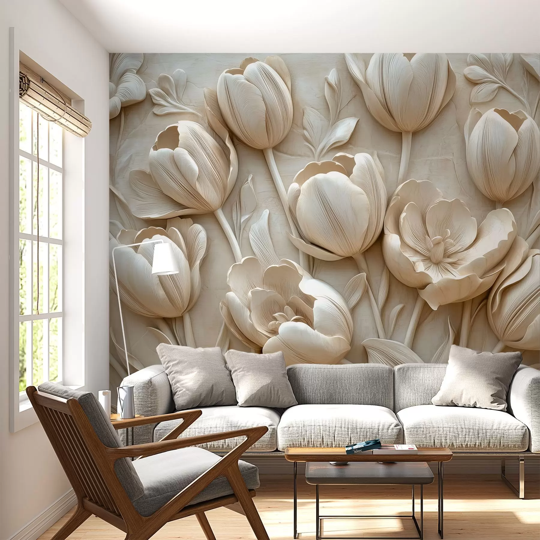 Papier peint art floral en 3D avec de gracieuses tulipes de couleur beige w01851