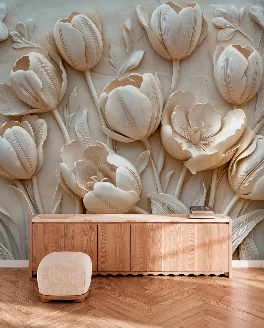 Papier peint art floral en 3D avec de gracieuses tulipes de couleur beige w01851