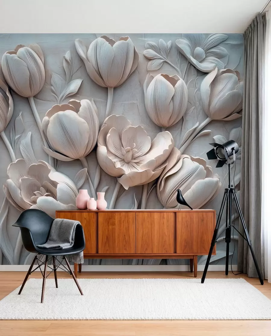 Papier peint art floral en 3D avec de gracieuses tulipes de couleur grise w01851v1