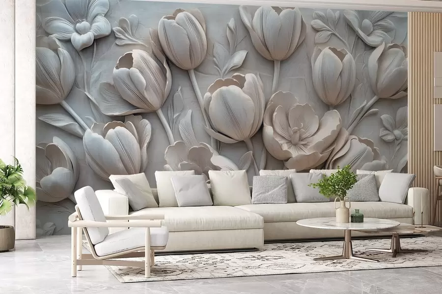 Papier peint art floral en 3D avec de gracieuses tulipes de couleur grise w01851v1