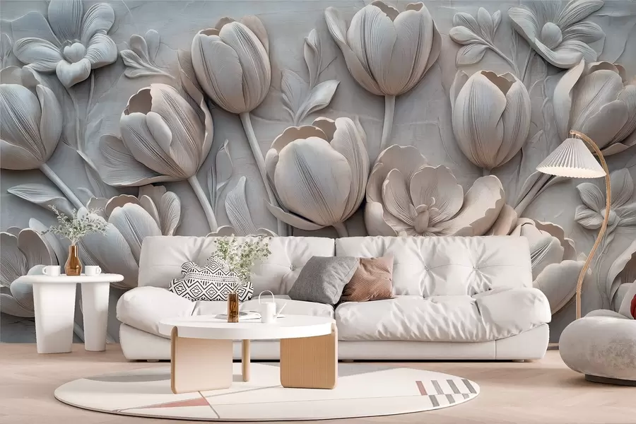 Papier peint art floral en 3D avec de gracieuses tulipes de couleur grise w01851v1