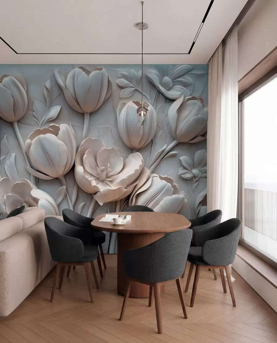 Papier peint art floral en 3D avec de gracieuses tulipes de couleur grise w01851v1