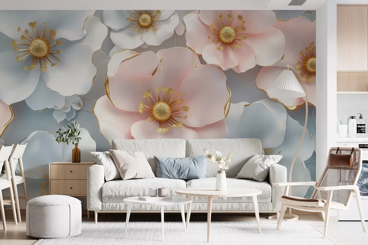 Papier peint Fleurs abstraites bleues et roses avec accents sur un fond élégant aux couleurs douces w01855