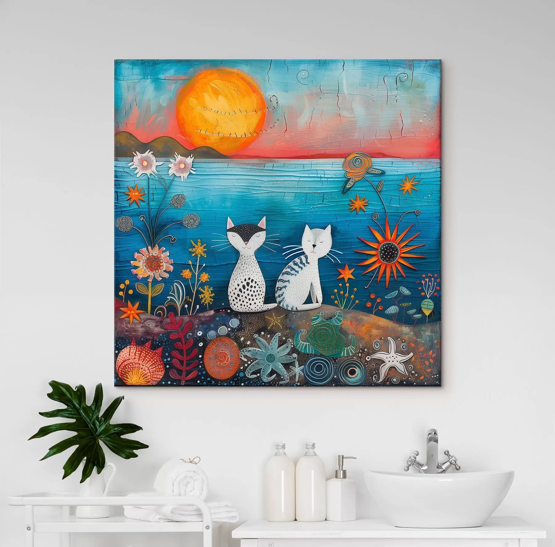 Tableau Chats au coucher du soleil, fleurs colorées s39085