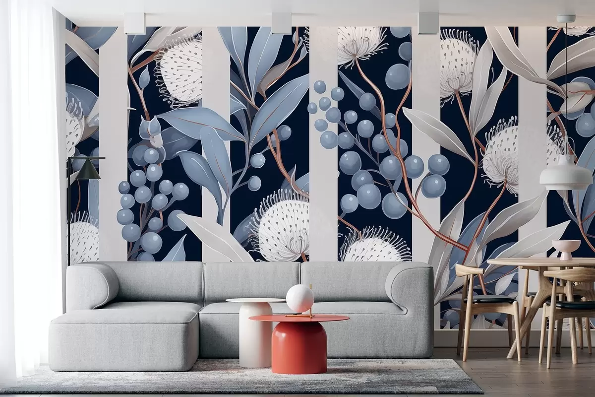 Papier peint Ornement de fleurs avec baies sauvages, vintage, couleurs bleu et gris w01886