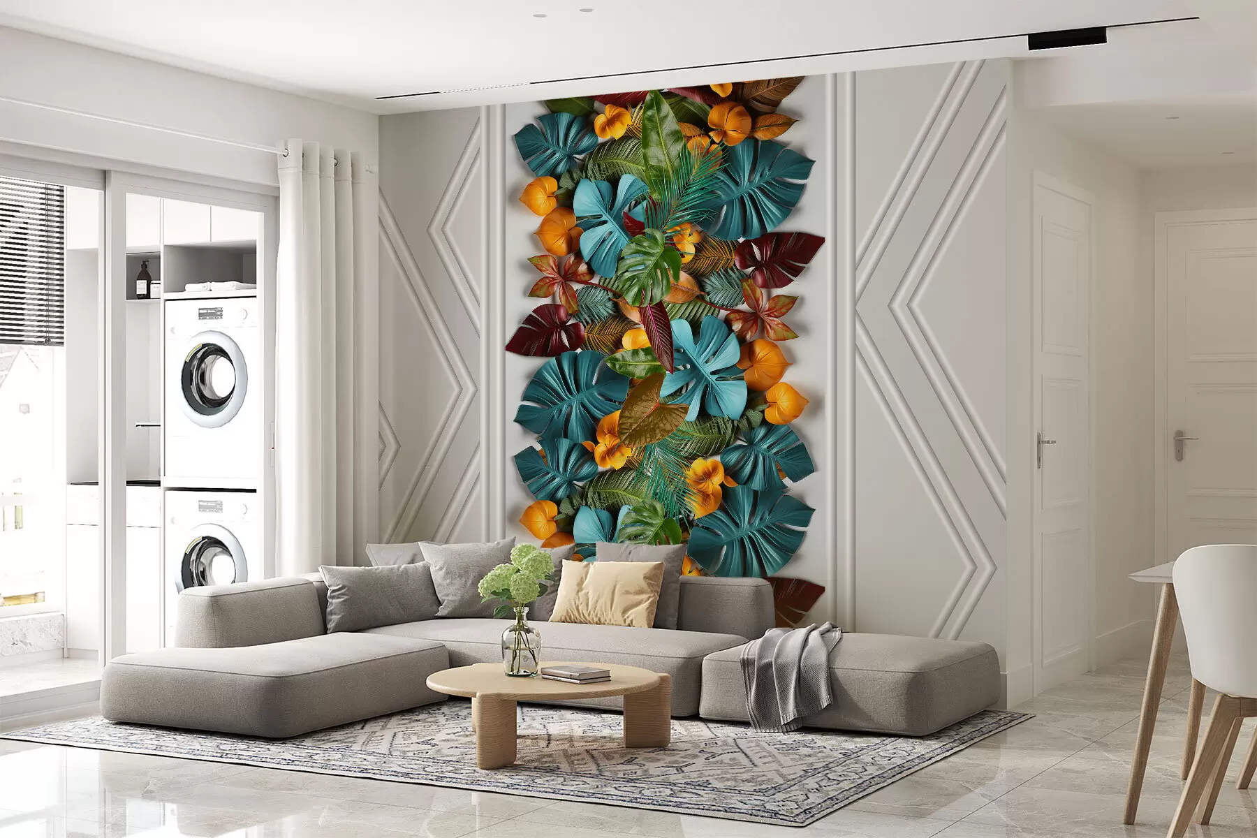 Papier peint papier peint 3D avec des feuilles tropicales colorées et de la géométrie sur un fond gris w01876