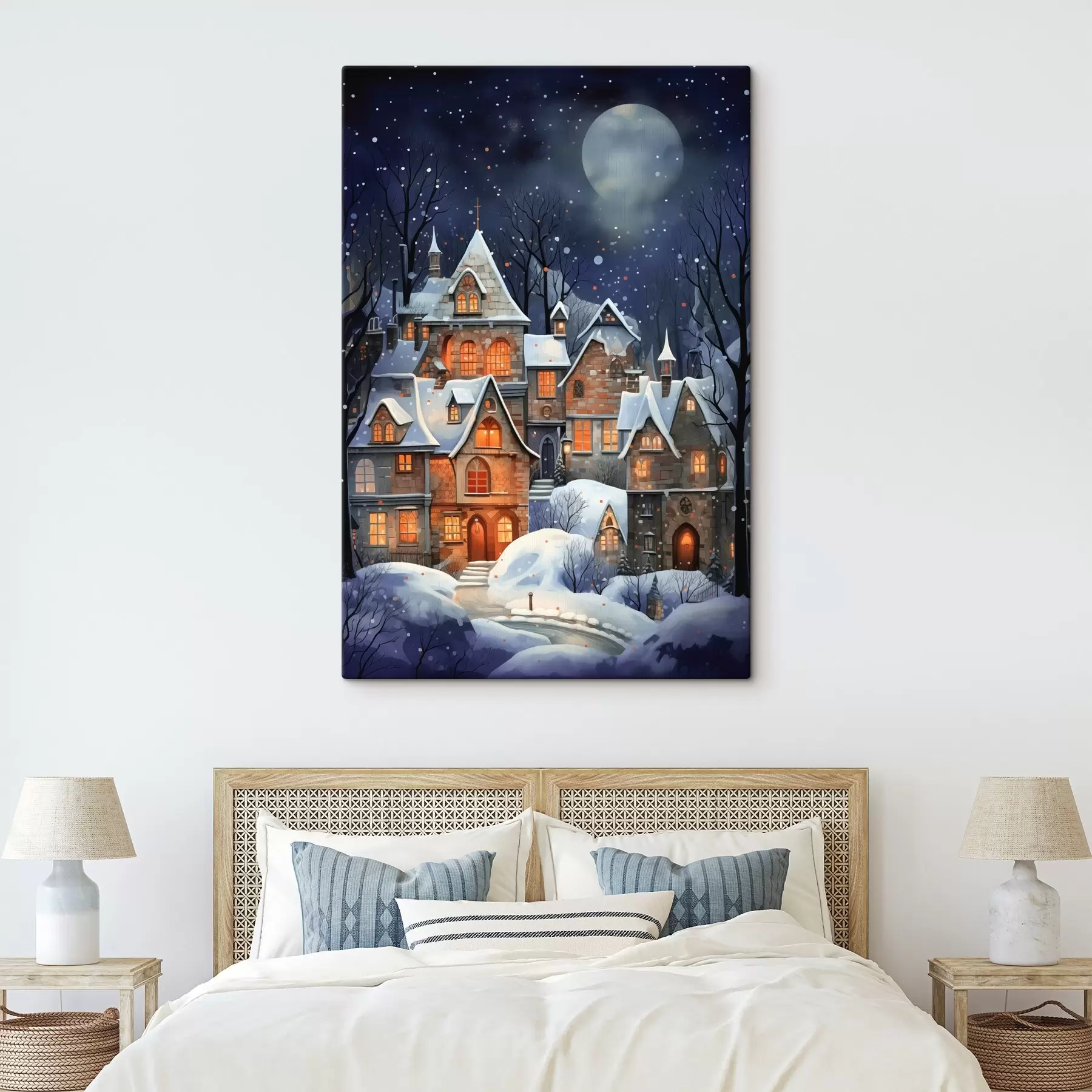 Tableau Maisons dans la neige sur fond de ciel étoilé s41276