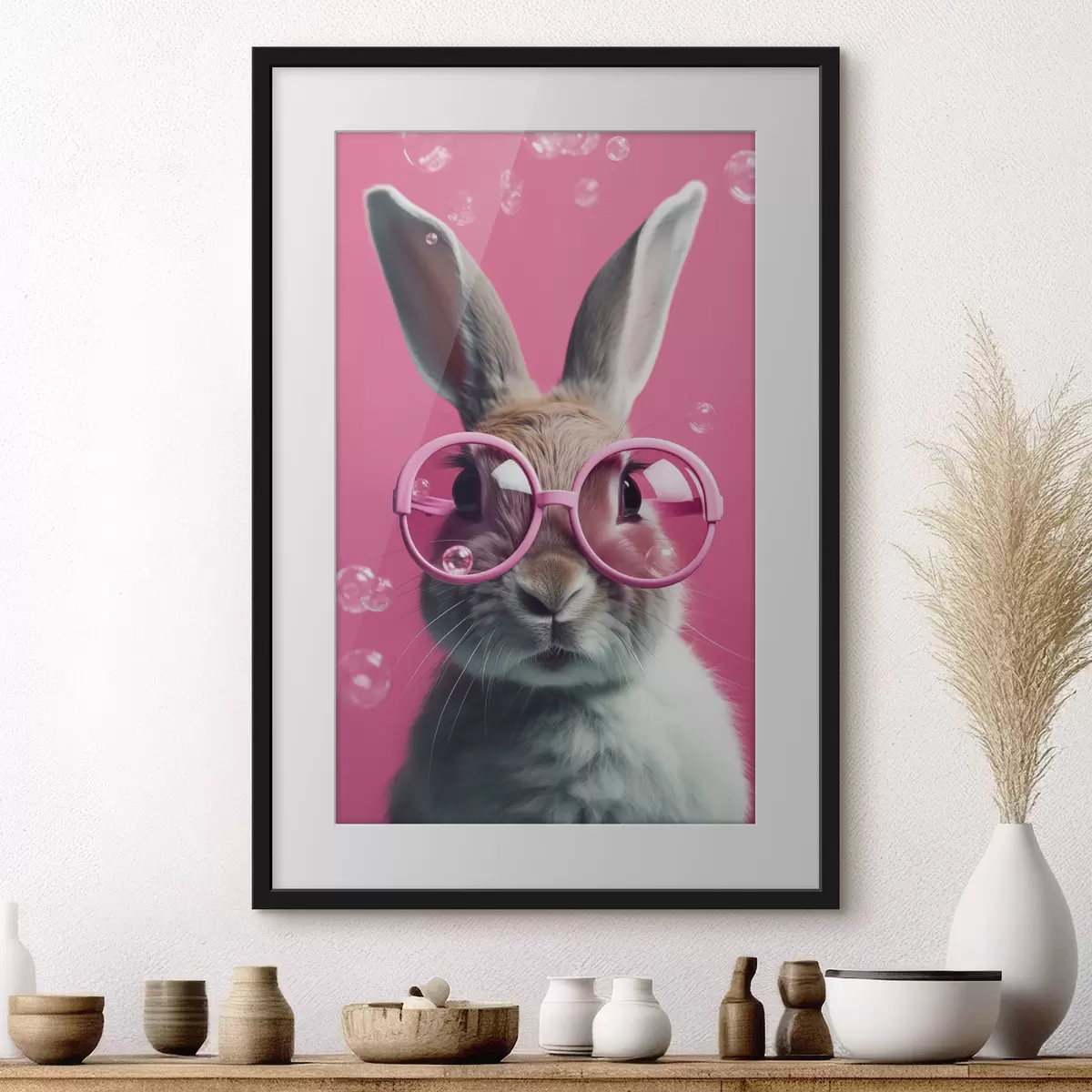 Poster Lapin avec des lunettes roses sur fond rose f41280