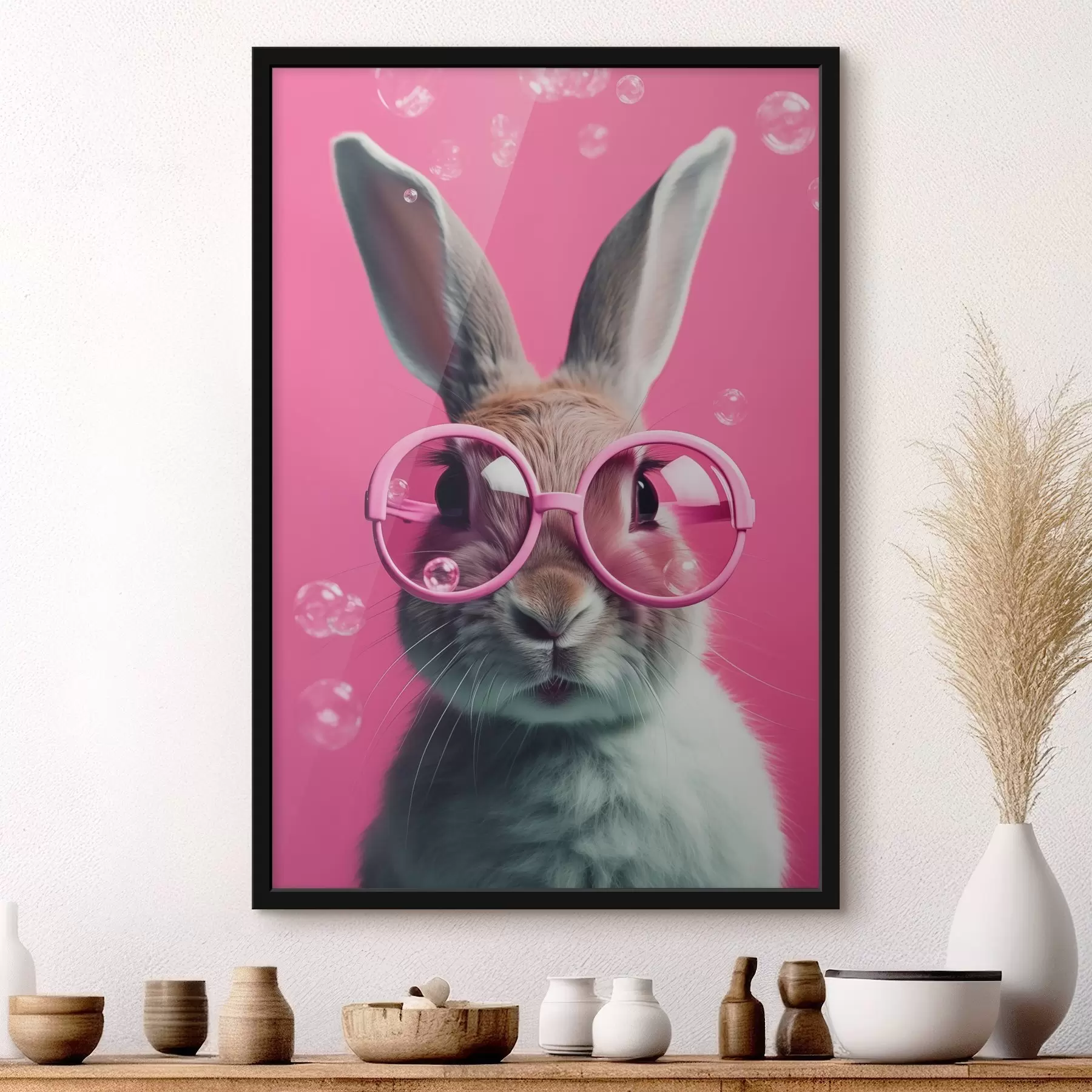 Tableau Lapin avec des lunettes roses sur fond rose f41280