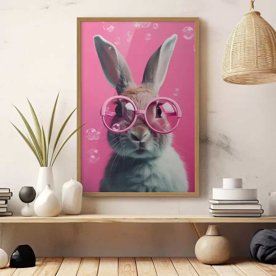 Papier peint Lapin avec des lunettes roses sur fond rose f41280